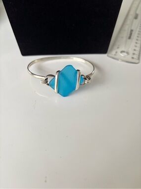Blue Sea Glass Silver Bangle Bracelet